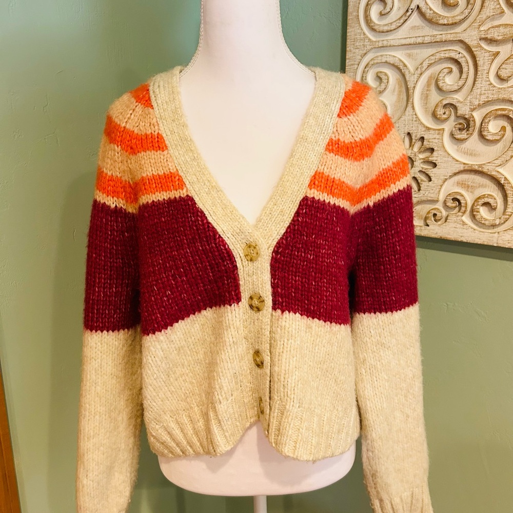 American Eagle Outfitters Striped Cardigan in Cream, Orange, and Red